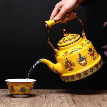 Enameled Teakettle ar Keramikas Rokturi,Tibetas veiksmi yellowTea Tējkanna, lai Stovetop/indukcijas cooke Karstā Ūdens Nav Whistling 2.4 L