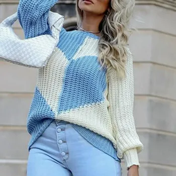 Modes Sieviešu Colorblock Sirds Drukāt Džemperi O-Veida Kakla Garām Piedurknēm Gadījuma Puloveri Dāmas Gadījuma Brīvs Džemperis Sueter Mujer A40